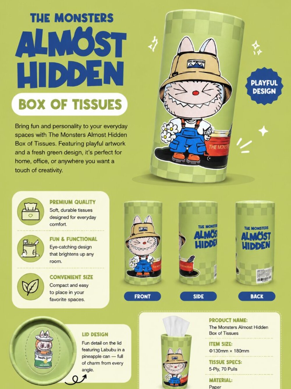 Labubu The Monsters Almost Hidden Tissue Box Green Cartoon Cylinder Tissues NEW